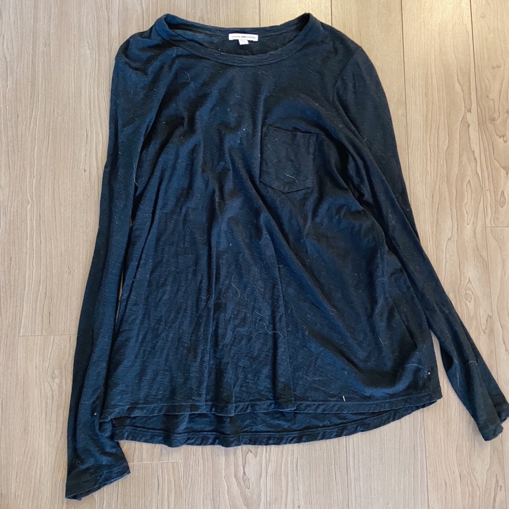 James Perse Black Sheer Slub Long Sleeve Crew